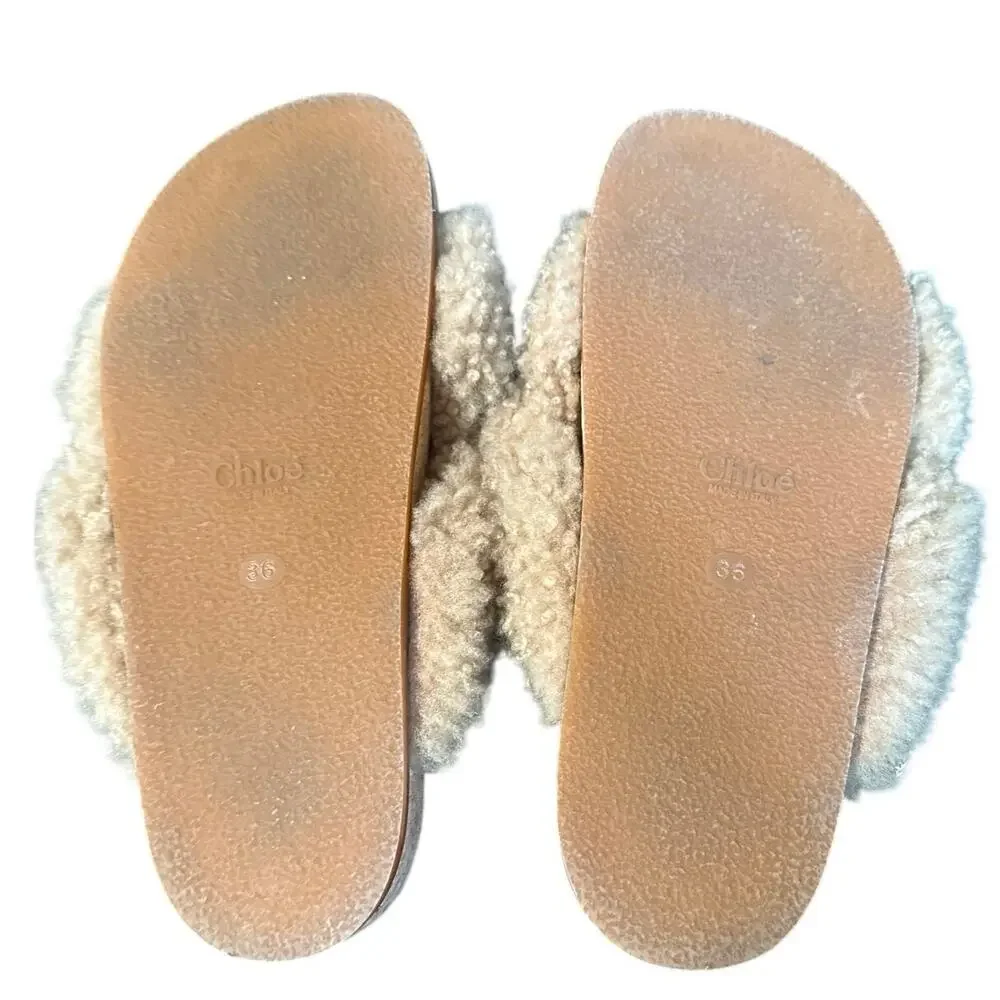 Chloe Kerenn Beige Fur Shearling Cork Slides Sandals Size 36 EU Size 6 US